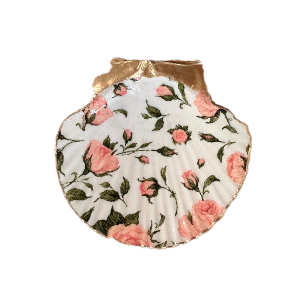 Pink Rose Trinket Dish, Floral Scallop Shell Ring Dish, Cottagecore Gift - Picture 3 of 5